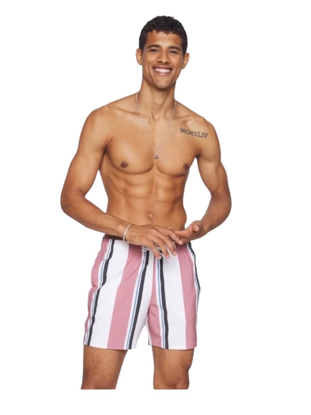 Hollister Men's 4-Way Stretch Pink Striped Swim Trunk Shorts Size M